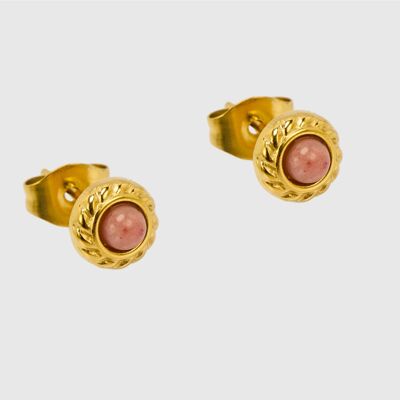Puces dorées en forme solaire avec pierre naturelle centrale rhodonite. Vendues par lot de 5 paires identiques. Élégantes, fines et faciles à porter.