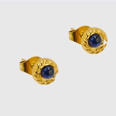 Golden sun-shaped chips with natural lapis lazuli center stone. Sold in packs of 5 identical pairs. Eelegant, thin and easy to wear.