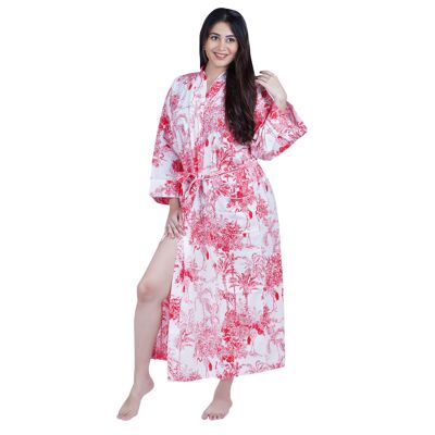 Vestaglia kimono in cotone con stampa giungla rossa e bianca