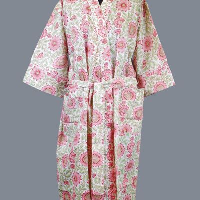 Bata tipo kimono de algodón verde con girasoles rosas