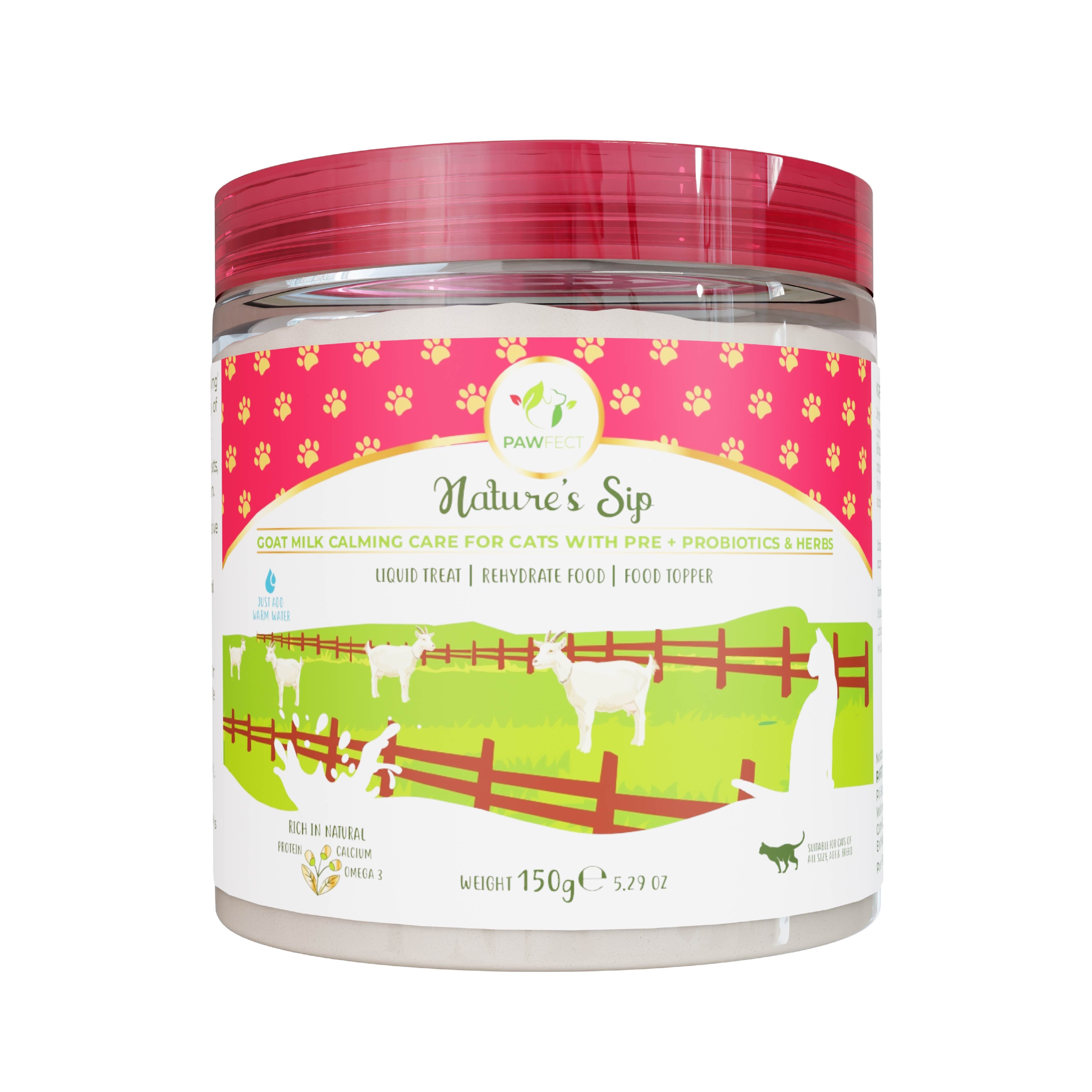 Pawfect Nature's Sip Goat Milk Calming Care powder for Cats | 100% Natural | Rehydrate Food | Prebiotic, Probiotic & Herbs Milk Supplement | Better Digestion | Food Topper | Liquid Treat (150g/5.29oz)