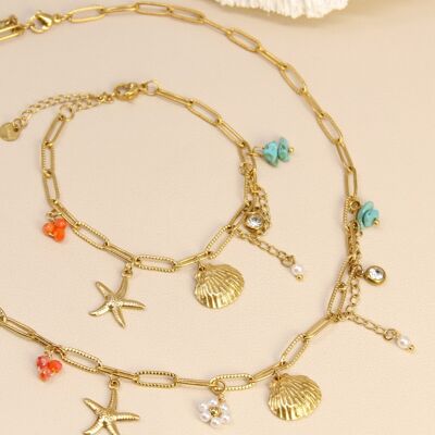 Parure été acier inoxydable – collier & bracelet charms marins tendance