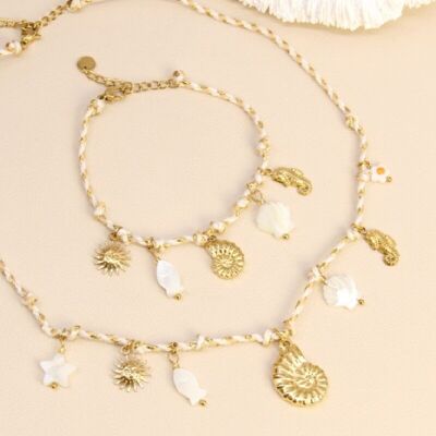 Braided cord necklace & bracelet set – Gold and pearly charms with a marine theme