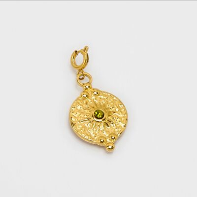 Round stainless steel charm with olive green rhinestones