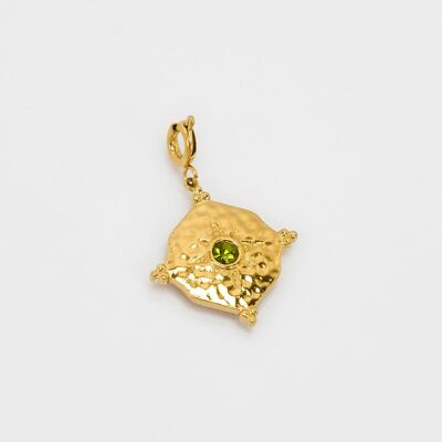 Charm rond rectangulaire en acier inoxydable avec du strass vert olive