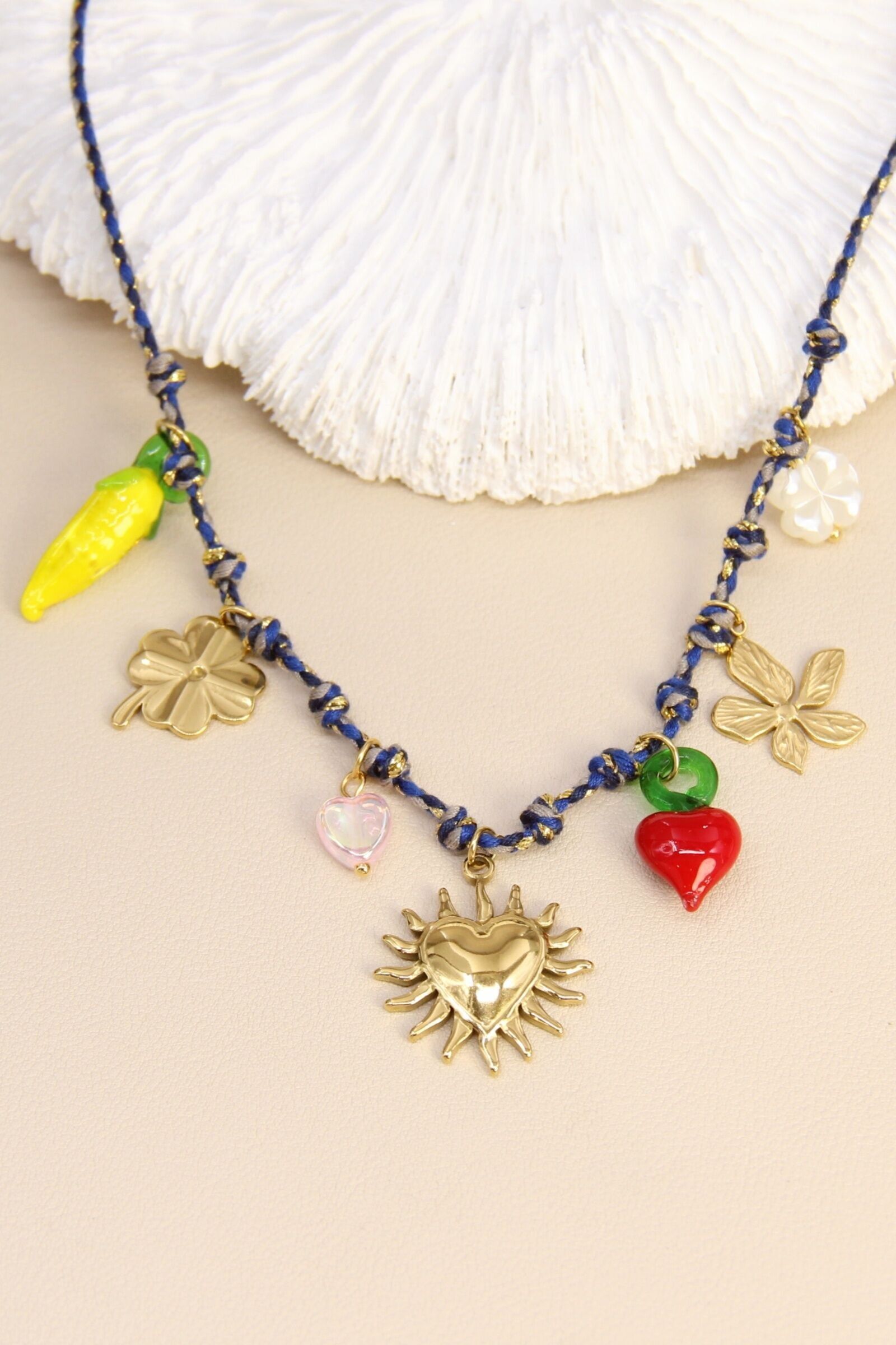 Collier charms acier inoxydable – cœur soleil & fruits émaillés