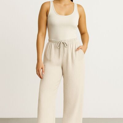Pantalon droit en étamine 100 % coton avec poches et cordons de serrage