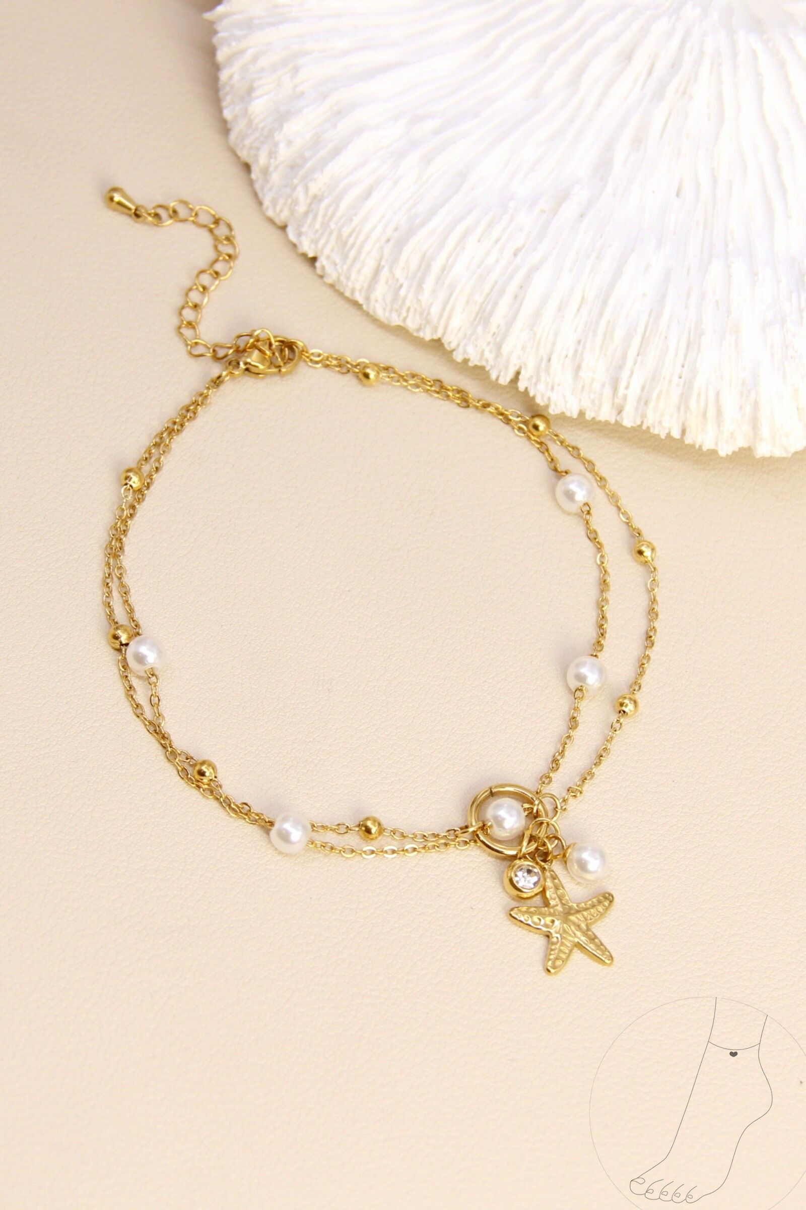 Chaîne de cheville étoile – acier inoxydable doré & perles