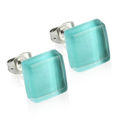 Square stud earrings with stone / Caribbean blue / Upcycled & Handmade