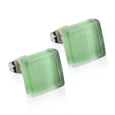Square stud earrings with stone / lime green / upcycled & handmade