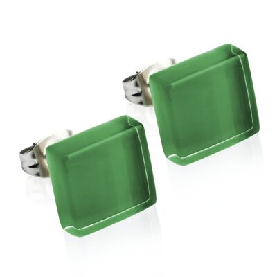 Square stud earrings with stone / moss green / upcycled & handmade