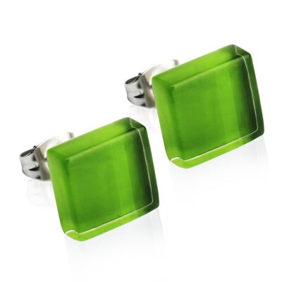 Square stud earrings with stone / grass green / upcycled & handmade