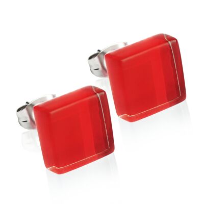 Square stud earrings with stone / cherry red / upcycled & handmade