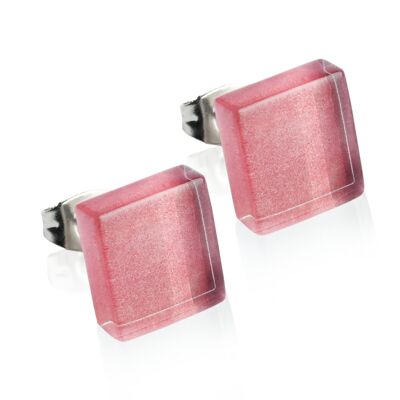 Boucles d'oreilles clous carrées avec pierre / quartz rose / upcyclées & faites main