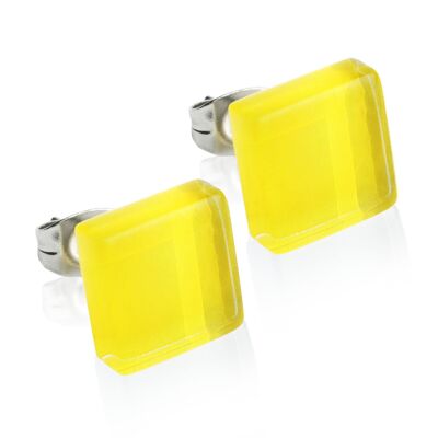 Square stud earrings with stone / lemon yellow / upcycled & handmade