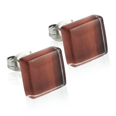 Square stud earrings with stone / coffee brown / upcycled & handmade