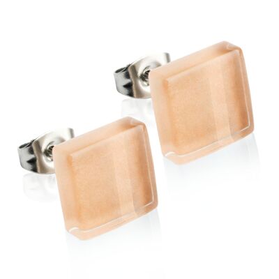 Square stud earrings with stone / sand brown / upcycled & handmade
