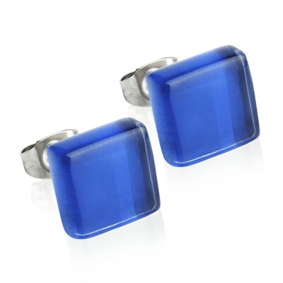 Boucles d'oreilles clous carrées avec pierre / bleu saphir / upcyclées & faites main