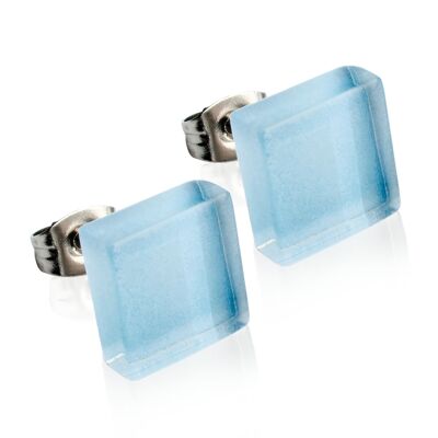 Square stud earrings with stone / sky blue / upcycled & handmade