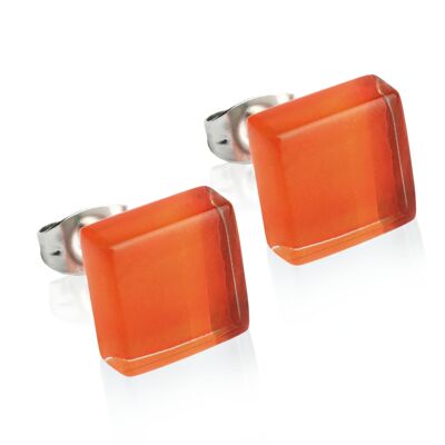Square stud earrings with stone / orange / upcycled & handmade