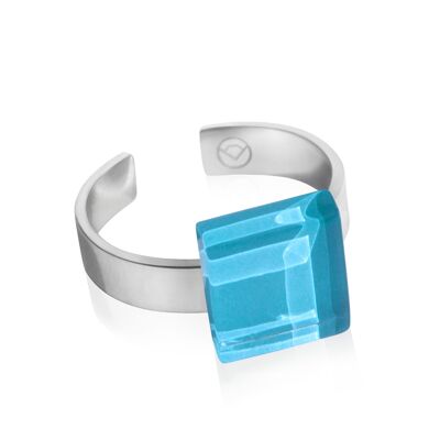 Quadratischer Ring mit Stein / Aquablau / Upcycling & Handmade