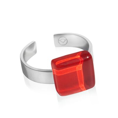 Anello quadrato con pietra/rosso ciliegia/riciclato e fatto a mano