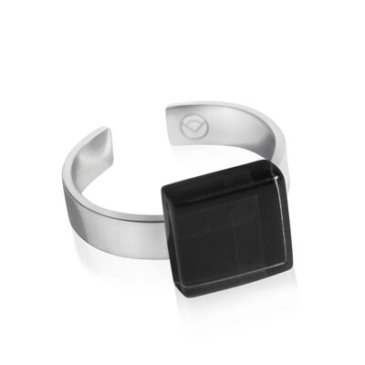 Square ring with stone / onyx black / upcycling & handmade