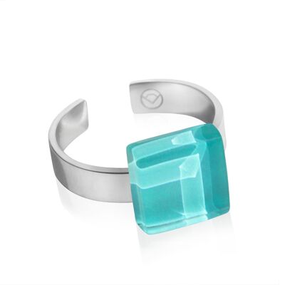 Square ring with stone / Caribbean blue / Upcycled & Handmade