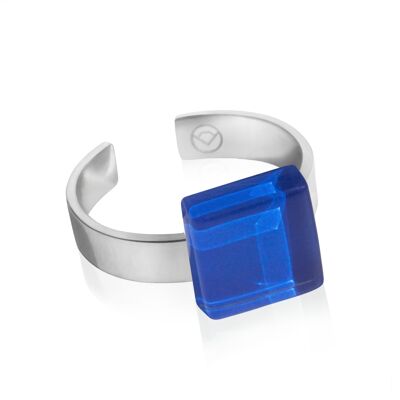 Anillo cuadrado con piedra / azul zafiro / reciclado y hecho a mano