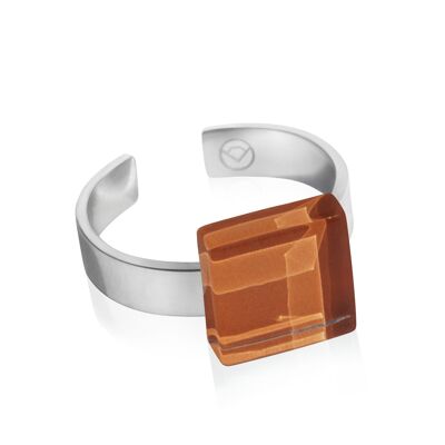 Bague carrée avec pierre / marron noisette / upcyclée & fait main