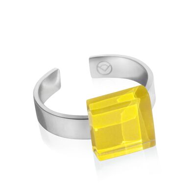 Quadratischer Ring mit Stein / Zitronengelb / Upcycling & Handmade