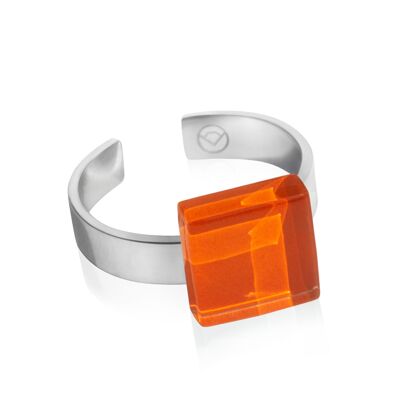Square ring with stone / orange / upcycled & handmade