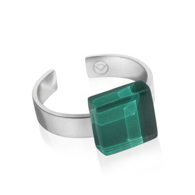 Square ring with stone / malachite green / upcycled & handmade
