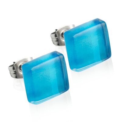 Square stud earrings with stone / aqua blue / upcycled & handmade