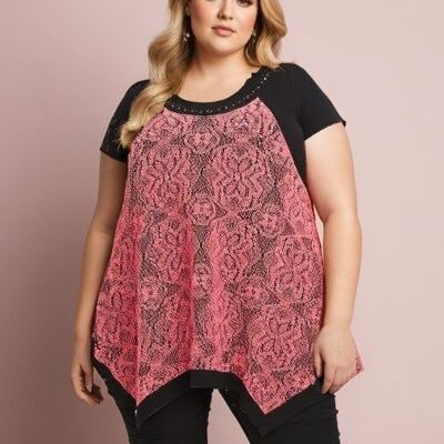 Pink lace top + plus size t-shirt set (A218)