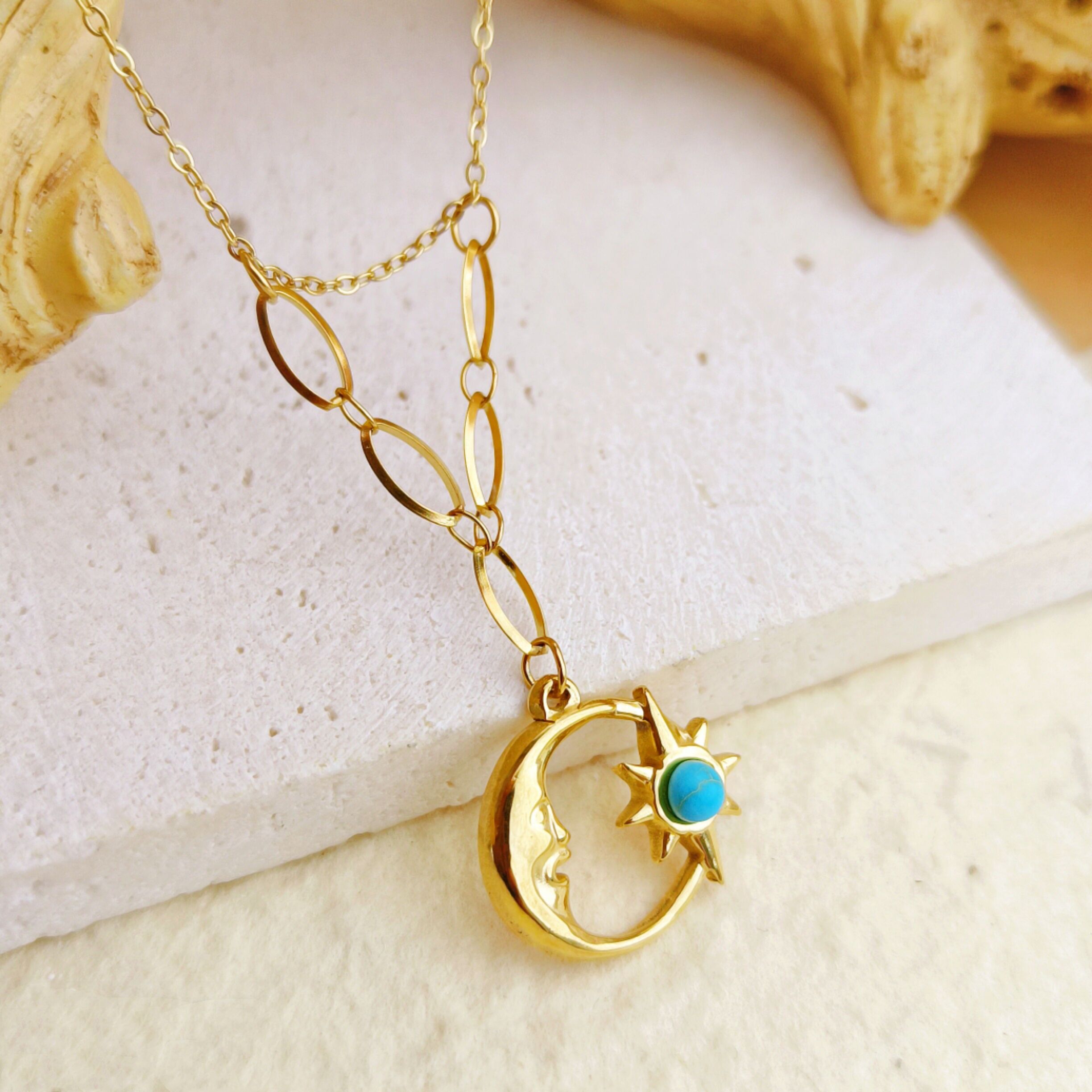Gold Moonlight Necklace Mystical Moon and Turquoise Star