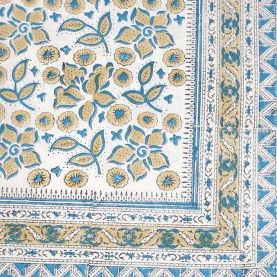 Block Printed Rectangular Tablecloth - Blue Dusk Blossom