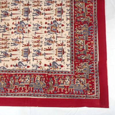 Block Printed Rectangular Tablecloth - Traditional Elephant Print On Beige