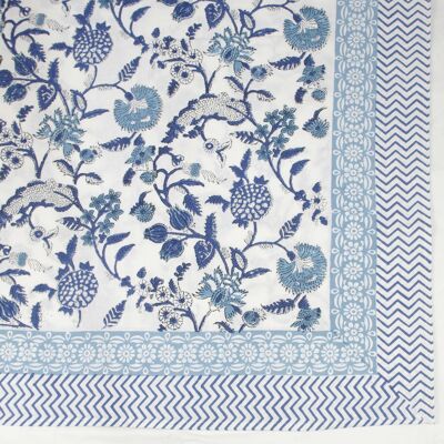 Block Printed Rectangular Tablecloth - White Blue Meadow