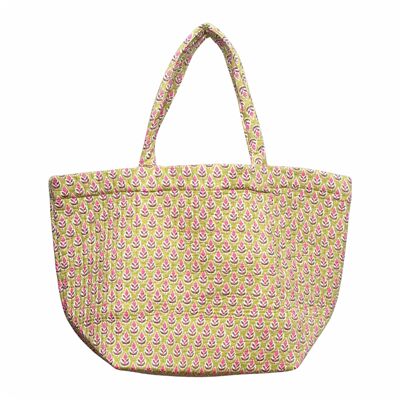 Grand sac de plage/courses matelassé en coton - Motif vert clair et petit rose