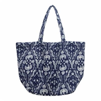 Cotton Quilted Large Shopping /Beach Bag - Bird Pink Indigo