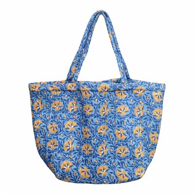 Grand sac de plage/courses matelassé en coton - Motif floral bleu et jaune Jaal