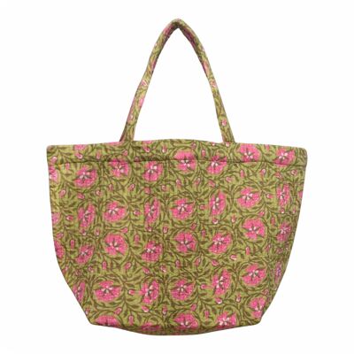 Borsa da spiaggia/shopping grande trapuntata in cotone - Verde Rosa Floreale