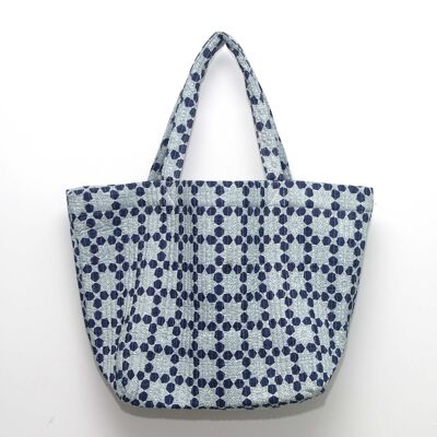 Borsa da spiaggia/shopping grande trapuntata in cotone - Stampa floreale esagonale indaco