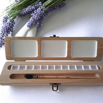 Coffret en Bois ECORESPONSABLE vide - peut contenir 12 demi-godets d’Aquarelle et pinceau