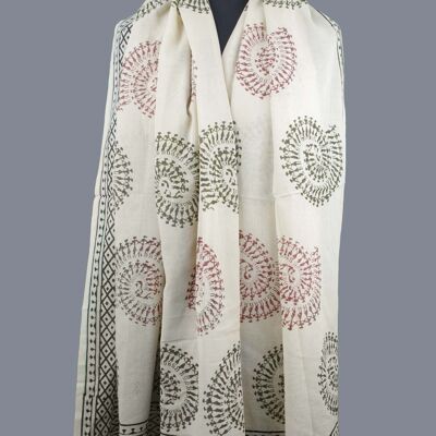 Pareo- Block Printed Sarong - Warli Spiral Dance Beige