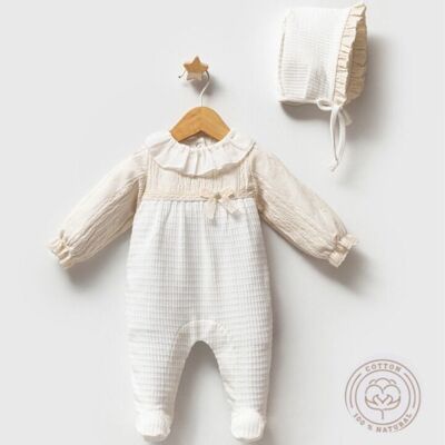 Lot de trois barboteuses vintage en coton pour bébé fille avec bonnet