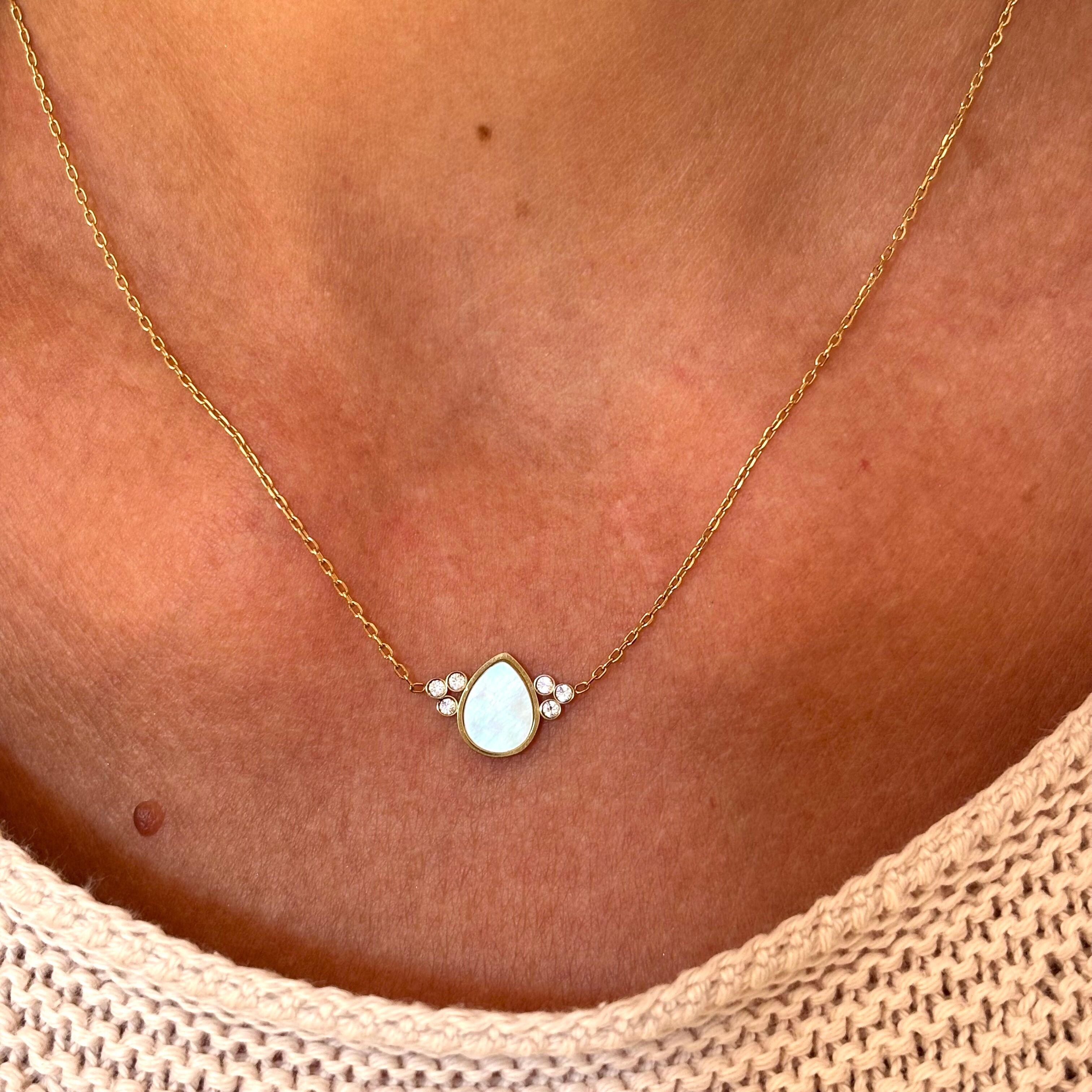 316L Gold Stainless Steel Chain Necklace - Mother-of-Pearl Drop & Zirconium