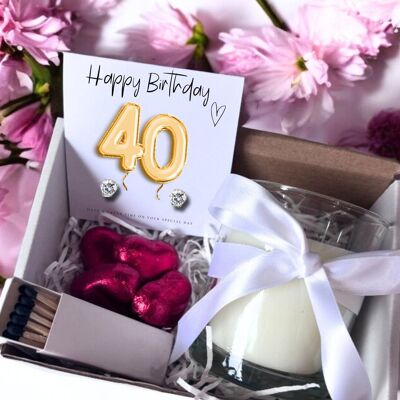 Petit coffret cadeau pour 40 ans avec ballons dorés | Cadeau pour 40 ans de fille | Cadeau pour 40 ans de fille | Boucles d'oreilles en oxyde de zirconium | 40 ans au Royaume-Uni