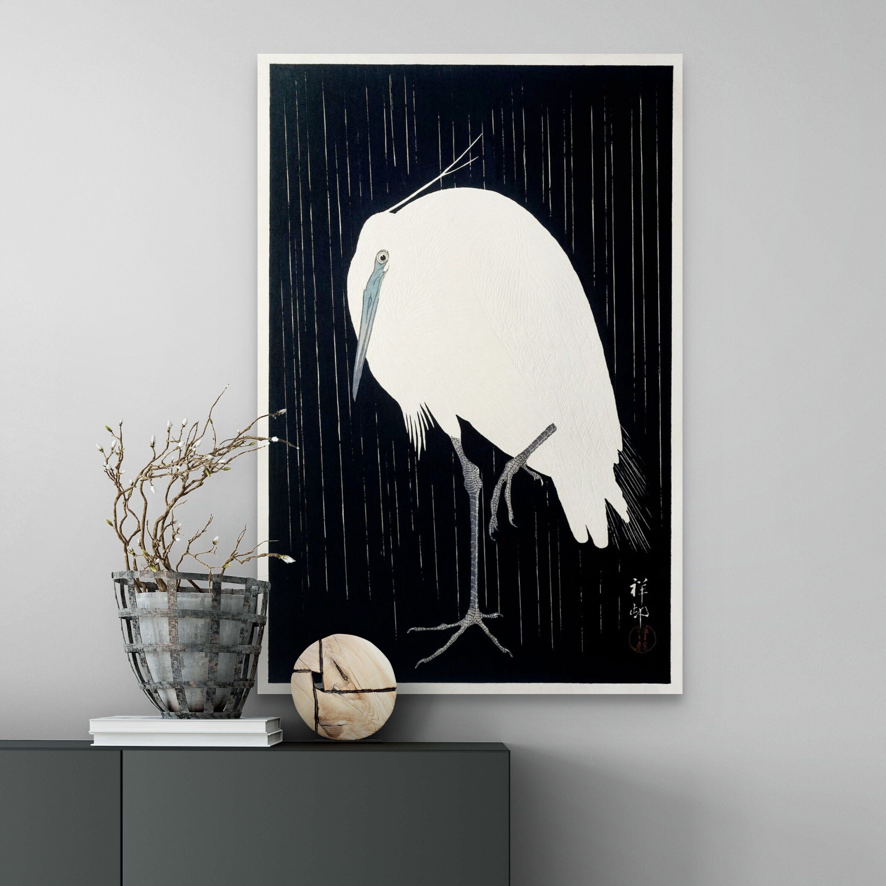 Airone sotto la pioggia, anni '30 di Ohara Koso – Arte giapponese Ukiyo-e – Periodo Edo – Arte murale con animali – Stampa giapponese